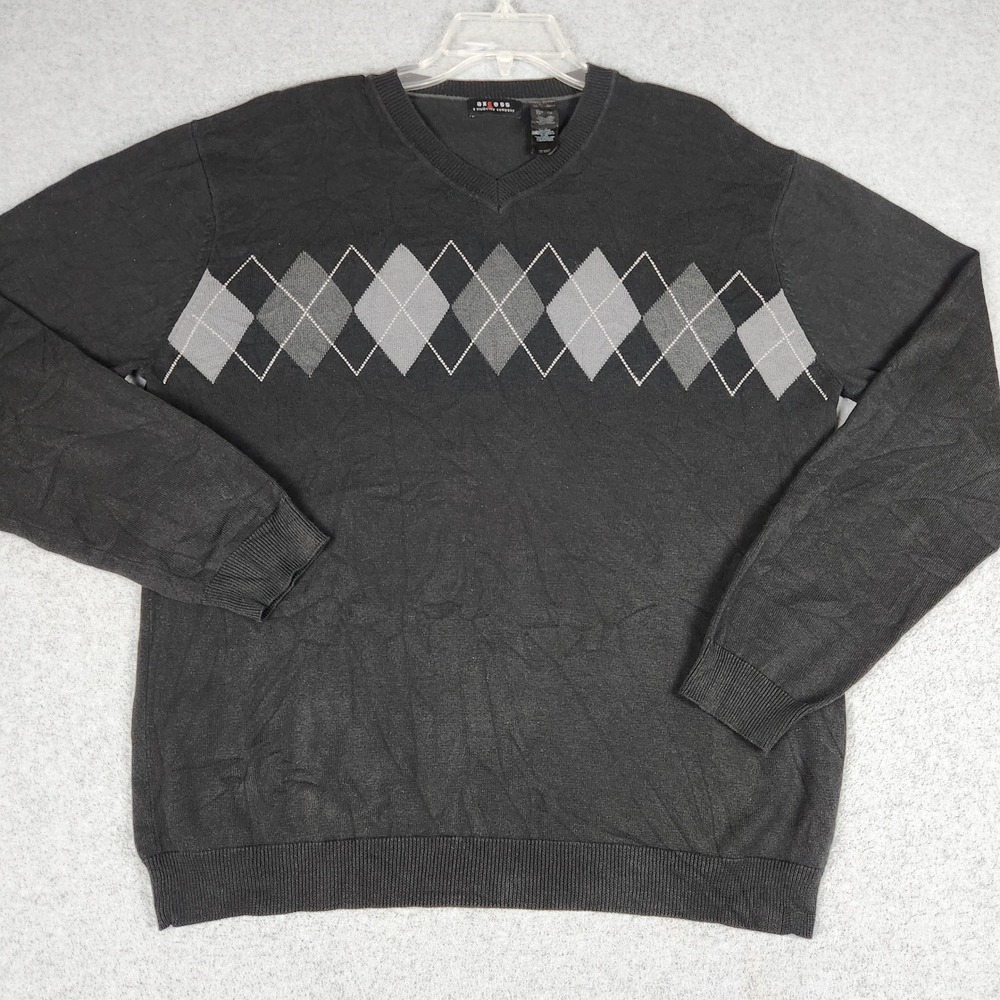 Axcess Sweater Mens XL Black Argyle Tight Knitted Long Sleeve V-Neck Pullover